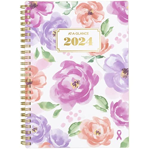 AT-A-GLANCE 2024 Weekly & Monthly Planner, 5-1/2" x 8-1/2", Small, Monthly Tabs, Pocket, Badge Floral (1675F-200-24)