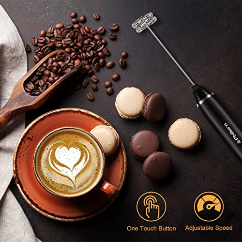 Philorn Milk Frother Handheld Rechargeable Coffee Frother - Frother Wand with 2 Heads, Electric Whisk Drink Mixer for Coffee, Mini Foamer for Lattes, Cappuccino, Frappe, Matcha, Hot Chocolate-3 Speed