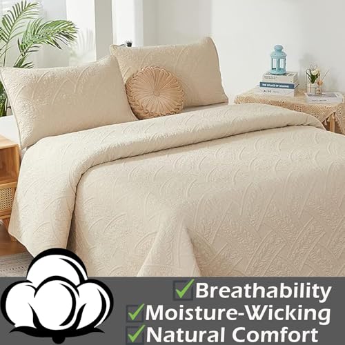 Brandream Queen Size Quilt Sets Cotton Beige Quilt Set Farmhouse Bedding Matelasse Quilted Bedspreads Coverlet Set Queen Full Size