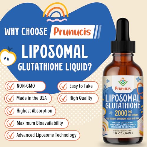 Prunucis 2000MG Liposomal Glutathione Liquid, 98% Absorption, Glutathione Liquid Supplement, Active Form L- Glutathione, Powerful Antioxidant Non-GMO for Immune System, Aging Defense, Detox, 2 FL.OZ