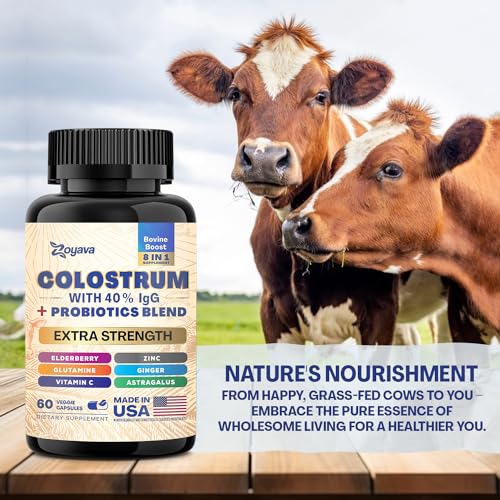 Bovine Colostrum Supplement Capsules, Grass Fed Cow Colostrum with 40% IgG, Probiotics, Elderberry, L-Glutamine, Astragalus, Vitamin C, Ginger, Zinc (60 Capsules)