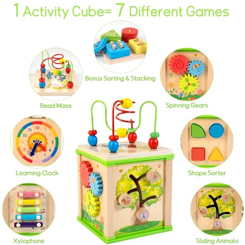 WOODMAM Wooden 7-in-1 Activity Cube| Montessori Toys for 1 2 3 Year Old Toddlers| Baby Educational Developmental Toys |One Year Old Boys Girls First Birthday Gifts |Bonus Sorting & Stacking Board