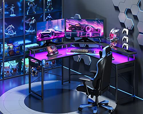 ODK L Shaped Gaming Desk with LED Lights & Power Outlets, 51" Computer Desk with Full Monitor Stand, Corner Desk with Cup Holder, Gaming Table with Hooks, Black