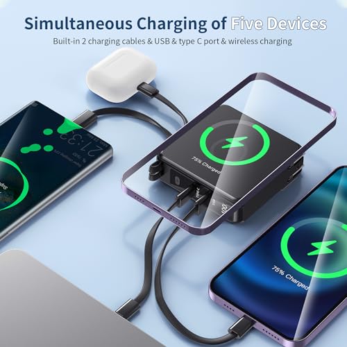 penaover Portable Charger with Built-in Cables&AC Wall Plug, 10000mAh Wireless Charging(No-Magnetic) Power Bank, PD 22.5W Fast Charging USB C Battery Pack Compatible with iPhone, Android, Samsung