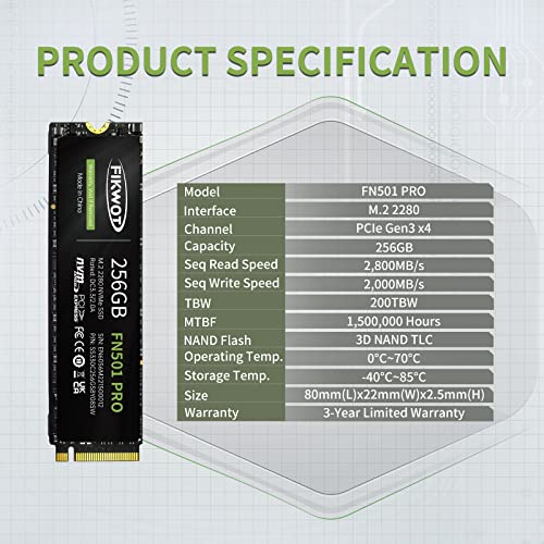 Fikwot FN501 Pro 256GB NVMe SSD - M.2 2280 PCIe Gen3 x4 Internal Solid State Drive with Graphene Cooling Sticker, Up to 3,500MB/s, SLC Cache 3D NAND TLC, Compatible with Laptop & PC Desktop