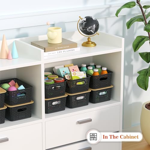 Plastic Storage Baskets With Bamboo Lid - Plastic Storage Containers Stackable Storage bins: Storage Baskets for Organizing Shelves Drawers Desktop Closet Playroom Classroom Office, 6 Pack