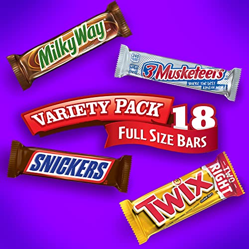 SNICKERS, TWIX, 3 MUSKETEERS & MILKY WAY Full Size Bars Variety Mix, 18-Count Box