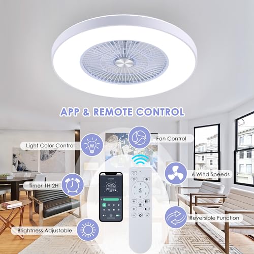 HUMHOLD 24" Bladeless Ceiling Fans with Lights and Remote/APP Control, Low Profile Ceiling Fan with 3-Dimmable Lights, Enclosed Flush Mount Ceiling Fan for Kid's Bedroom/Living Room