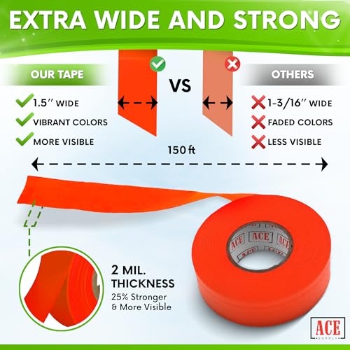 ACE Supply Orange Flagging Tape Survey Tape - Non-Adhesive Surveyors Tape - 2 Pack - 1.5" Width, 150' Length, 2 Mil - Marker Tape Flagging Ribbon