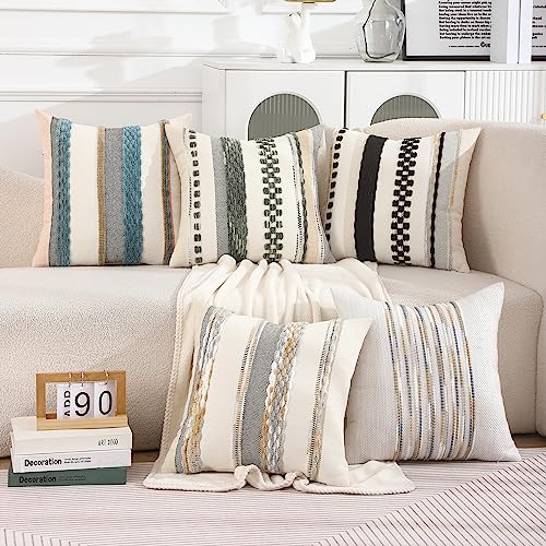 Tosleo Boho Throw Pillow Covers 18x18 Set of 2 Striped Decorative Pillow Cases Accent Chenille Pillowcases Farmhouse Cushion Case Bohemian Nuetral Textured Pillow Cover,Yellow and Gray