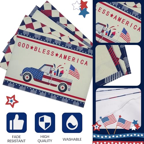 Wegitcs 4th of July Placemats, Patriotic Memorial Day Kitchen Dining Table Decor, Washable Cotton Linen Independence Day Placemats, Vintage Truck American Flag Stars Placemats