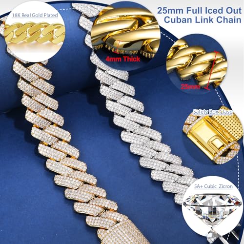 Ucciyo 25MM Cuban Link Chain for Men Thick Iced Out Chain 18K Gold Plated 5A+ Zicron Cuban Necklace Gold Iced Out Diamond Miami Cuban Necklace Bling Luxury Jewelry 18inch