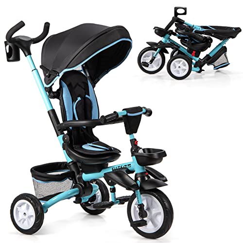 BABY JOY Tricycle, 7 in 1 Folding Toddler Bike w/Removable Push Handle, Rotatable Seat, Adjustable Canopy, Safety Harness, Storage, Cup Holder, Trike for 1-5 Year Old, Tricycle for Toddlers (Blue)