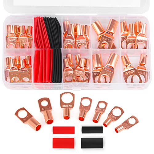 Copper Wire Lugs,Terminal Connectors,Used on AWG12 10 8 6 4 2 Cable,Heat Shrink Set,Bare Copper Eyelets,Ring Terminals Connectors,30Pcs Battery Cable Lugs Ends and 30Pcs Heat Shrink Tubing (60PCS)