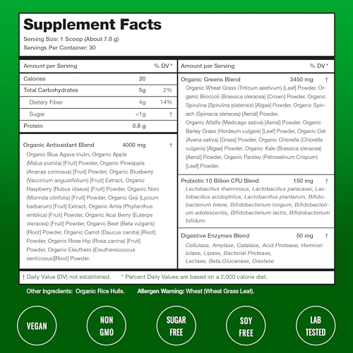 NutraChamps Super Greens Powder Premium Superfood | 20+ Organic Green Veggie Whole Foods | Alfalfa, Spirulina, Chlorella & More | Antioxidant, Digestive Enzyme & Probiotic Blends | Unflavored