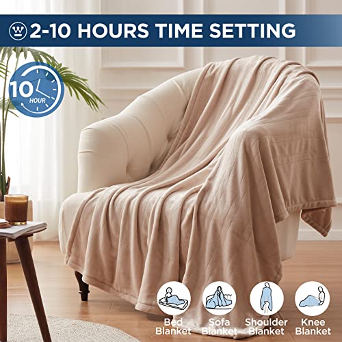 Westinghouse Electric Blanket Heated Throw, Super Cozy Soft Flannel 50" x 60" Heated Throw with 6 Fast Heating Levels & 2-10 Auto-Off, Machine Washable, ETL&FCC Certification, Home Office Use, Beige