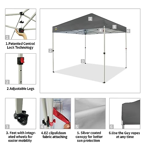 Crown Shades 10x10 Pop Up Canopy - Beach Tent with One Push Setup - Outdoor Sun Shade for Events, Parties, Camping - STO-N-Go Cover Bag, Silver Coated Top, 3 Height& 4 Sand Bags, Sky Blue Stripes