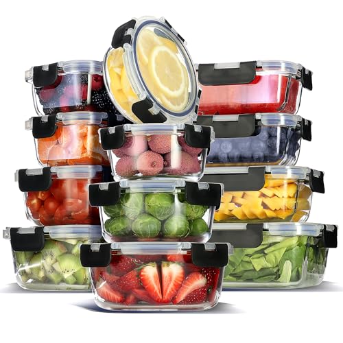 EATEX 12-Pack Glass Food Storage Containers with Lids, Airtight Glass Meal Prep Containers, Reusable Glass Food Containers with Leakproof Snap Lock Lids, Oven Microwave Freezer Safe Lunch Containers