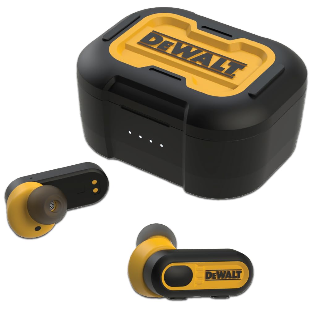 DEWALT True Wireless Bluetooth Earbuds — TWS Bluetooth Headphones — Wireless Earbuds with Type C Charging Case — Waterproof Wireless Earphones — Jobsite Pro-X1 Premium Sound for Outdoor Work