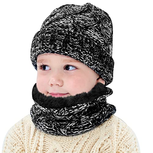 Hicdaw 2 Pcs Kids Winter Hat Scarf Set Beanie Hat Toddler Hat Scarf Warm Knit Fleece Lined Thermal Set for Boys Girls