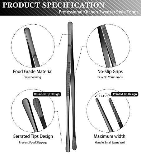 JETKONG 2 Pcs 10-Inch Cooking Tweezers Stainless Steel, Straight Food Tweezers, Professional Kitchen Tweezers/Forceps for Cooking Repairing and BBQ (10-Inch, Silver)