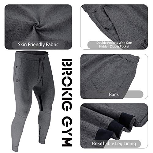 BROKIG Mens Gym Jogger Pants,Casual Slim Workout Sweatpants with Zipper Pockets Bodybuilding Athletic Pants(2 Pack-Black-Dary Grey,Small)