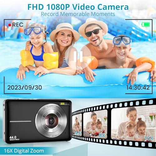 Digital Camera Newest 1080P 44MP Digital Cameras, Digital Point and Shoot Camera for Kids with 16X Zoom, Anti-Shake, Compact Small Travel Camera for Beginner Children Boys Girls Teens Gift