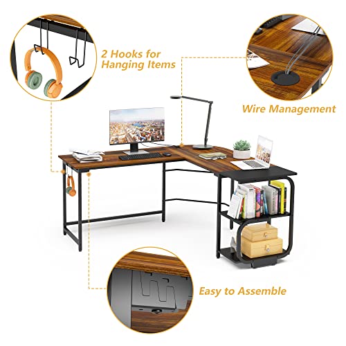 Merronix L Shaped Desk with Storage Shelves, Reversible Corner Computer Desk for Home Office, Modern Gaming L Desk with Spacious Desktop, Teak