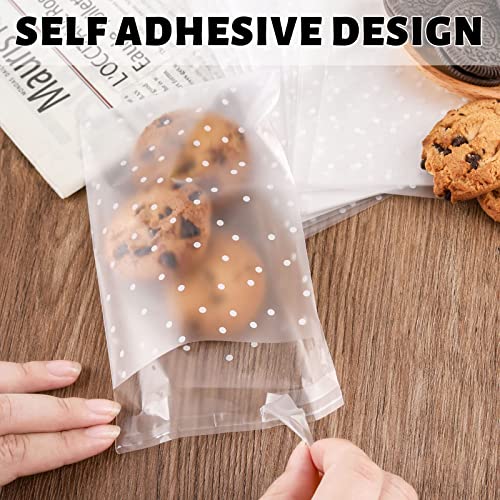 NPLUX 100PACK Self Adhesive Cookie Bags Cellophane Treat Bags Thank You Candy Bags for Gift Giving with Stickers(White Polka Dot,4x4 INCH)