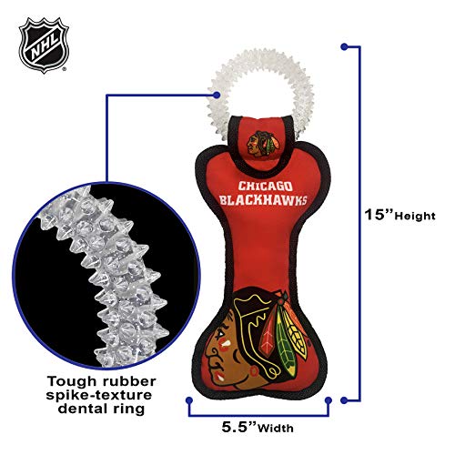 Pets First NHL Chicago Blackhawks Dental Dog TUG Toy with Squeaker. Tough PET Toy for Healthy Fun, Teething & Cleaning Pet's Teeth & Gum., one Size (BHK-3310)