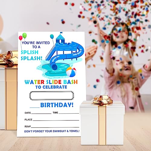 Water Slide Birthday Invitations for Boys Girls with Envelopes, Bash Invites for Birthday Pool Party Waterslide, Splish Splash Summer Birthday Party Invitations Cards, Splish Splash, 4"x6" Set of 20