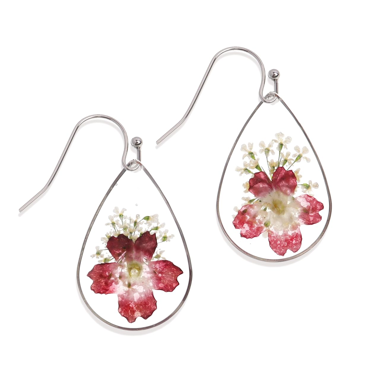 JeanBeau Handmade Pressed Flower Earrings for Women Unique Resin Nature Red White Dried Flowers Sterling Silver Teardrop Dangle Drop Statement Floral Earings Fashion Summer Jewelry Gift