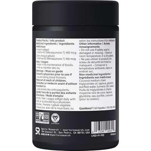 Sports Research Vitamin K2 as MK-7 100mcg with Coconut MCT Oil - 60 Veggie Softgels (2 Month Supply) Vegan Certified, Non-GMO Verified, Gluten & Soy Free - Citrus Aroma