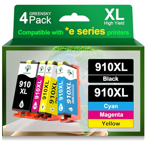 GREENSKY 910XL Ink Cartridges Replacement for HP 910xl Ink Cartridges Combo Pack with HP OfficeJet Pro 8025e 8015e 8022e 8028e 8035e 8025 8035 8020 8022 Printer (Black, Cyan, Magenta, Yellow)