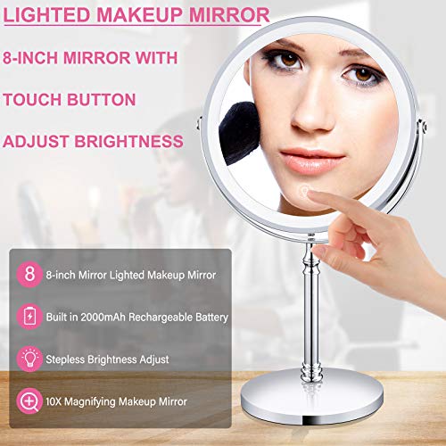 AMZNEVO Rechargeable 8'' Lighted Makeup Mirror, 10X Magnifying Vanity Mirror with 3 Color LED Lights, Double-Sided Cosmetic Mirror Battery Powered, Touch Button Adjust Brightness