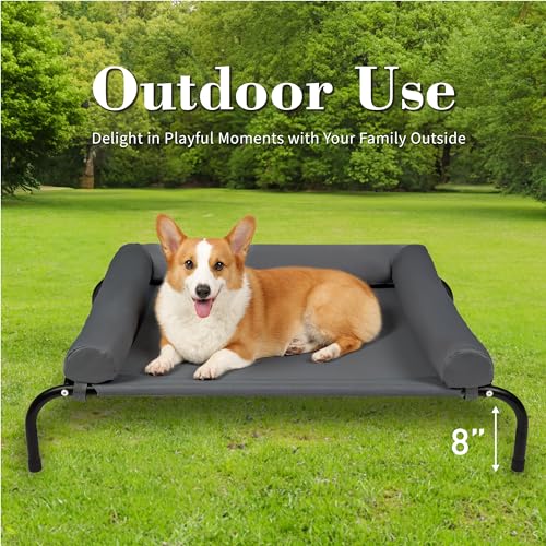 TJSOULER Cooling Elevated Dog Bed with Pillows,Portable Washable Raised Dog Cot Bed with Chew Proof Mesh and Metal Frame,No-Slip Rubber Feet for Indoor & Outdoor Use,Medium,Deep Grey