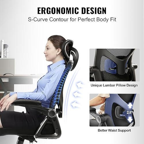 VEVOR Ergonomic Office Chair with Adjustable Lumbar Support, Desk Chair with Adjustable Headrest, PU Armrests Computer Chair for All Day Comfortable Sitting