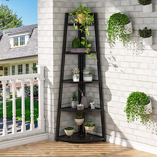 Tribesigns 70 inch Tall Corner Shelf, 5 Tier Modern Corner Bookshelf Bookcase Industrial Corner Ladder Shelf Plant Stand for Living Room, Kitchen, Home Office (Black)