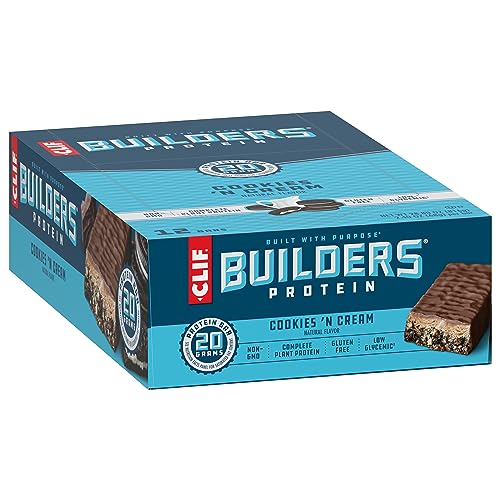 CLIF Builders - Cookies 'n Cream Flavor - Plant Based Protein Bars - Gluten Free - Non-GMO - Low Glycemic - 20g Protein - 2.4 oz. (12 Count)