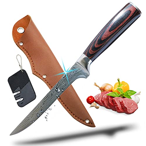 SunDiao Premium Boning Knife with Sheath & Pocket Knife Sharpener 6 Inch High Carbon Stainless Steel Japanese Fillet Knife Professional Trimming Knife for Meat, Fish, Deboning