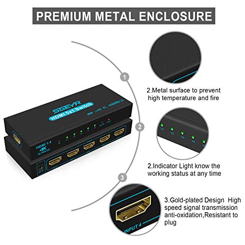 HDMI Switch SGEYR 5x1 HDMI Switcher 5 in 1 Out HDMI Switch Selector 5 Port Box with IR Remote Control HDMI 1.4 HDCP 1.4 Support 4K@30Hz Ultra HD 3D 2160P 1080P