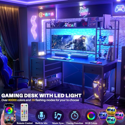 Aheaplus Desk with LED and Outlets, Gaming Desk with Hutch, 47.2'' Computer Desk with Drawers, Reversible Office Desk with Storage Bookshelf Large Workstation Desk with Shelf, Desk for Home, Black