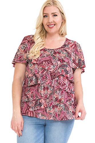 LEEBE Women’s Plus Size Printed Mesh Ruffle Top (1X-5X) (Black/Lav Floral M)