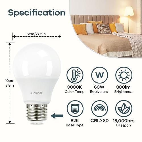 Linkind A19 LED Light Bulb, 40W Equivalent, 5W 2700K Soft White, 450 Lumens Non-Dimmable, E26 Standard Base, Energy Efficient UL Listed for Bedroom Home Office, 6 Packs