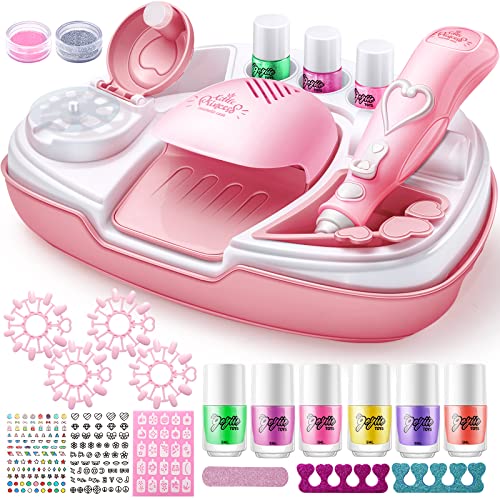 Polish Kit Makeup, Geyiie Nail Makeup Toys with Dryer,7 Bright Colors Girls Nail with Mirror Comb,Sticky Cartoon Fake Nail, DIY Sticker, Nail Studio Decoration Birthday Gift for Kids Girls Ages 7-12