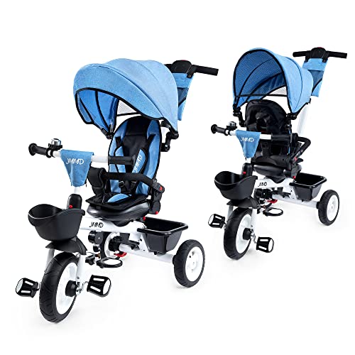 JMMD Baby Trike, 6-in-1 Kids Tricycle with Adjustable Push Handle, Removable Canopy, Safety Harness for 18 Months - 5 Year Old, Blue