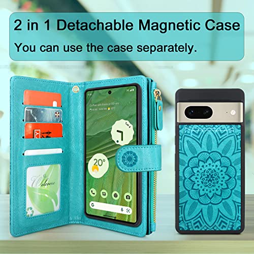 Harryshell Detachable Magnetic Case Wallet with Cash Coin Zipper Pocket 12 Card Slots Holder Wrist Strap Lanyard Compatible with Google Pixel 7 5G (2022) (Flower Blue Green)