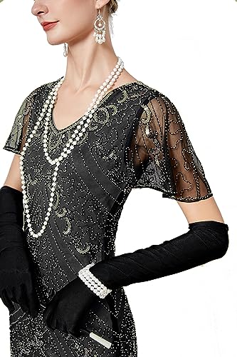 1920s Short Sleeve Sequin Gatsby Maxi Long Evening Prom Mermaid Hem Cocktail Dress w/Accessories Set Black Gold