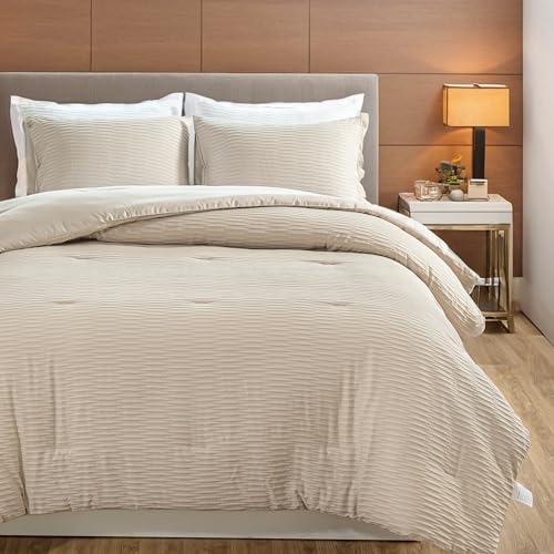 LAVACHEY Queen Comforter Set, White Seersucker Bedding Comforters Sets 3 Pieces, Soft & Lightweight Comforter for Queen Size Bed (90x90In Comforter & 2 Pillowcases)