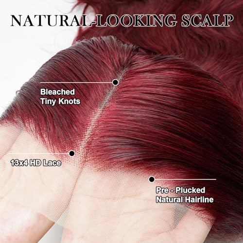 Gemlong 34 inch 99j Burgundy Lace Front Wigs Human Hair 13x4 HD Lace Front Wigs Human Hair 200 Density Burgundy Wig Human Hair for Black Women Body Wavy Human Hair 12A Glueless Brazilian Virgin Hair